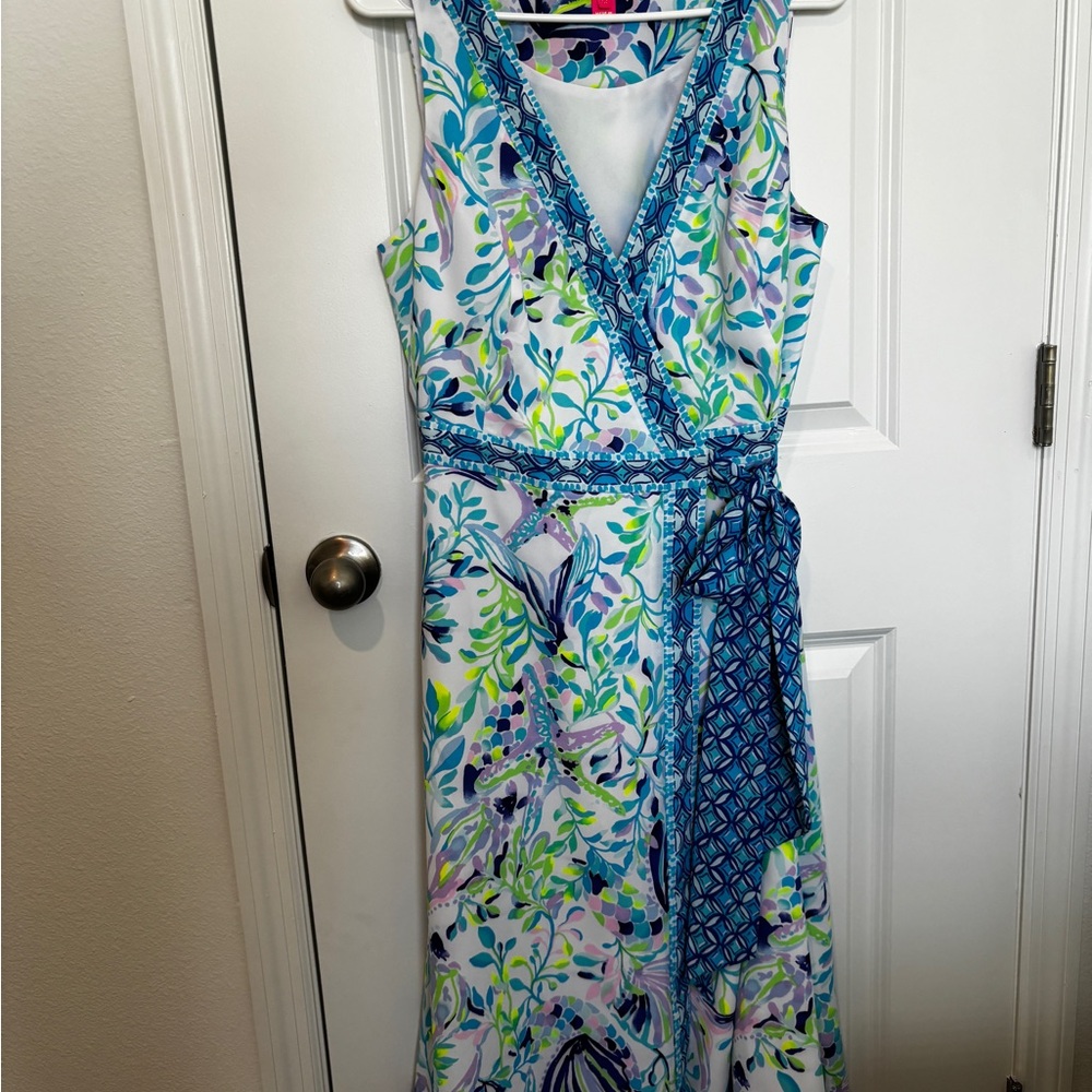 Lilly Pulitzer Blue and Green Sleeveless Wrap Midi Dress